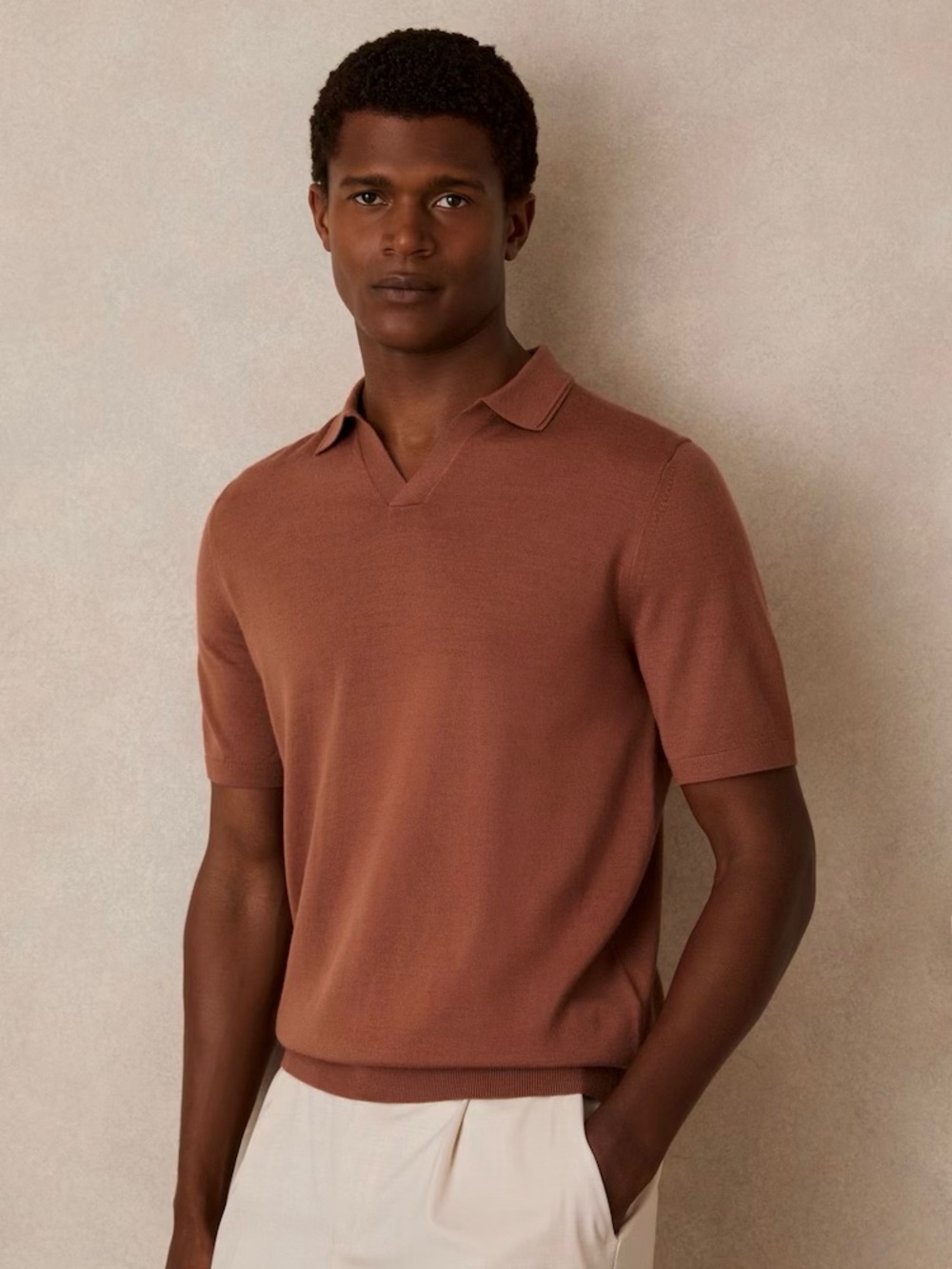 Reiss Duchie Merino Wool Open-Collar Polo Shirt In Cinnamon Brown Size Medium